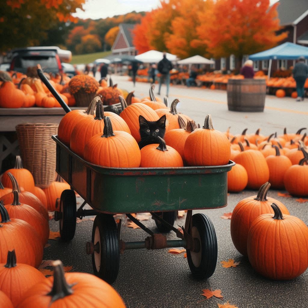 Whiskey in wheel barrel with pumpkins at fall fest  